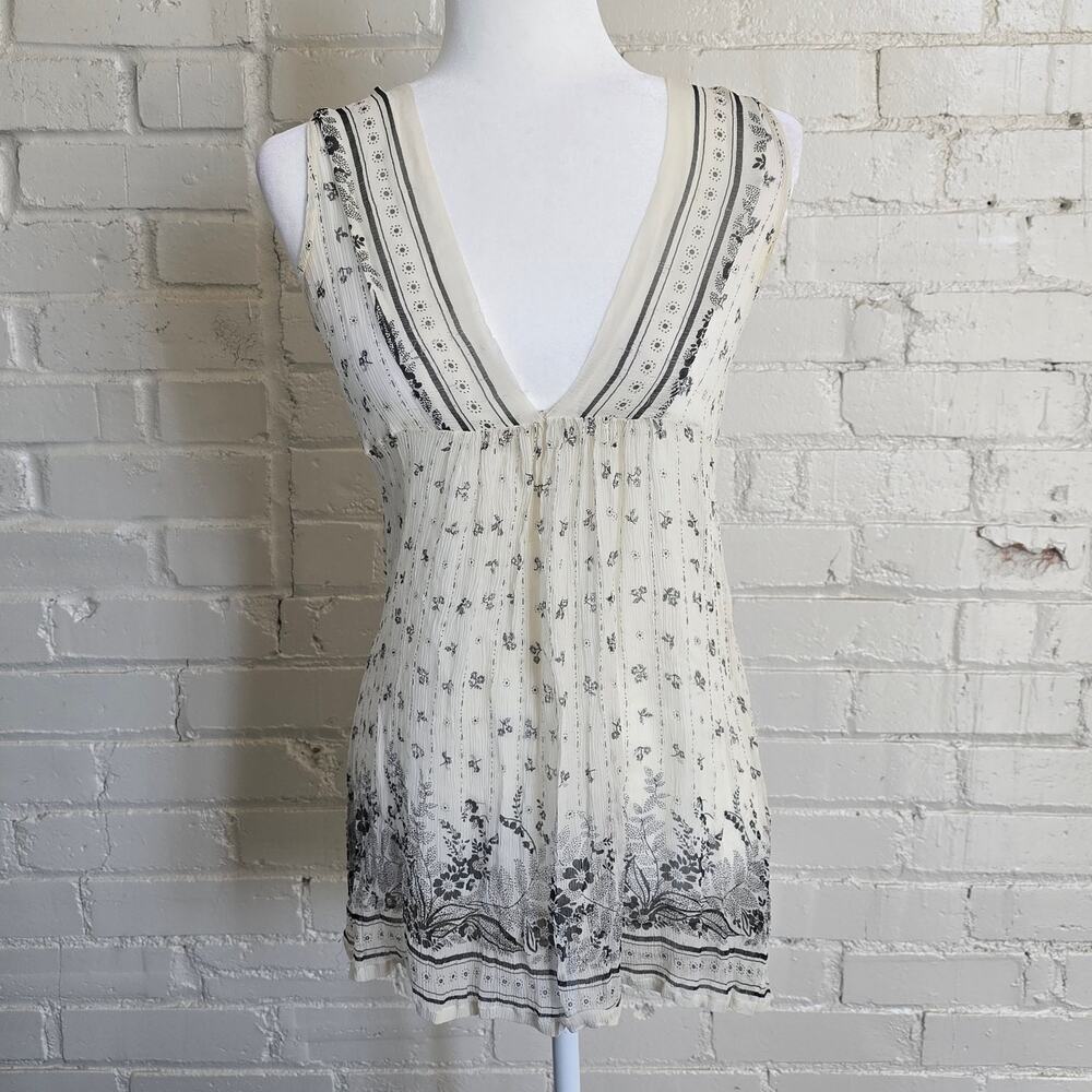 100% Silk Sheer Sleeveless Tunic | Cream Black Floral Empire Waist Tunic Size M